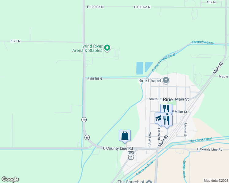 map of restaurants, bars, coffee shops, grocery stores, and more near 4602 East 50 North in Rigby