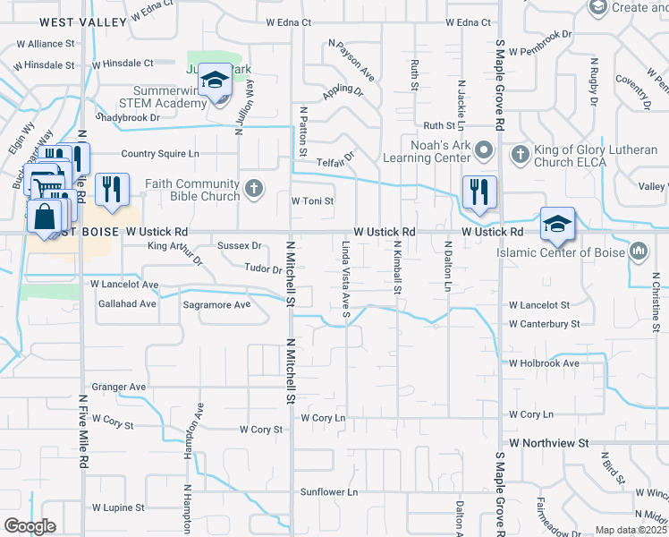 map of restaurants, bars, coffee shops, grocery stores, and more near 9645 West Lancelot Court in Boise
