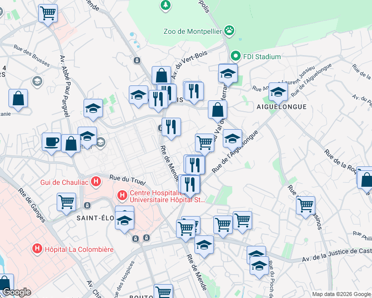 map of restaurants, bars, coffee shops, grocery stores, and more near Route de Mende in Montpellier