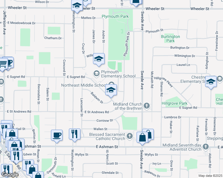 map of restaurants, bars, coffee shops, grocery stores, and more near 1305 East Sugnet Road in Midland