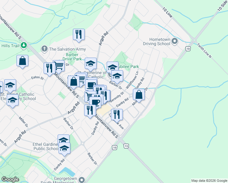 map of restaurants, bars, coffee shops, grocery stores, and more near 125 Niagara Trail in Halton Hills