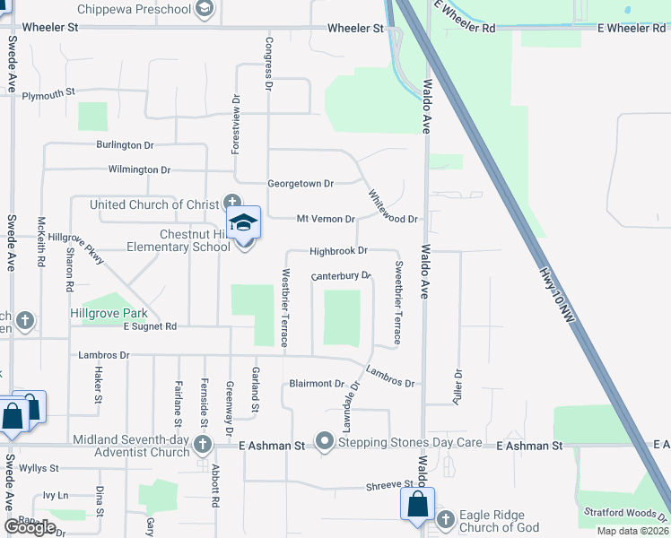 map of restaurants, bars, coffee shops, grocery stores, and more near 2808 Canterbury Drive in Midland