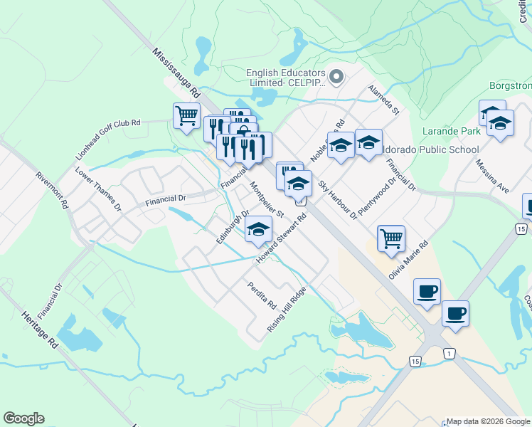 map of restaurants, bars, coffee shops, grocery stores, and more near 26 Montpelier Street in Brampton