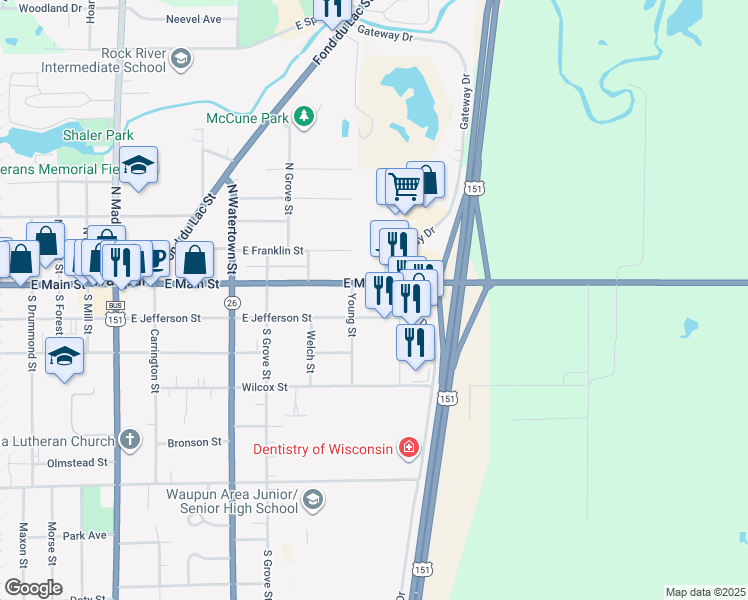 map of restaurants, bars, coffee shops, grocery stores, and more near 900 East Jefferson Street in Waupun