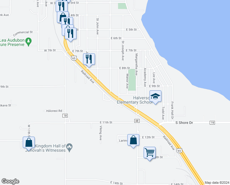 map of restaurants, bars, coffee shops, grocery stores, and more near 1617 Southeast Broadway Avenue in Albert Lea