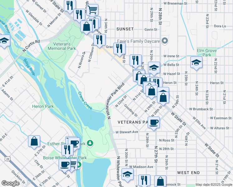 map of restaurants, bars, coffee shops, grocery stores, and more near 944 North Whitewater Park Boulevard in Boise