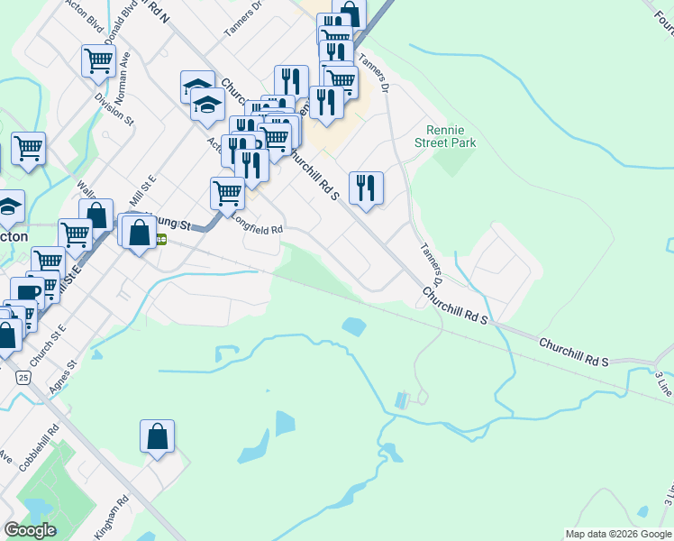map of restaurants, bars, coffee shops, grocery stores, and more near 154 Longfield Road in Acton