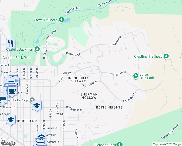 map of restaurants, bars, coffee shops, grocery stores, and more near 122 West Crestline Drive in Boise
