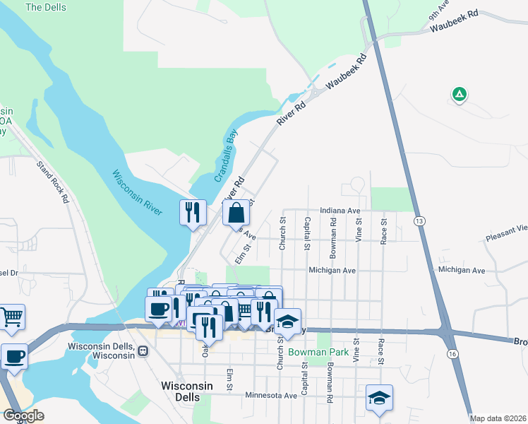map of restaurants, bars, coffee shops, grocery stores, and more near 1102 Elm Street in Wisconsin Dells