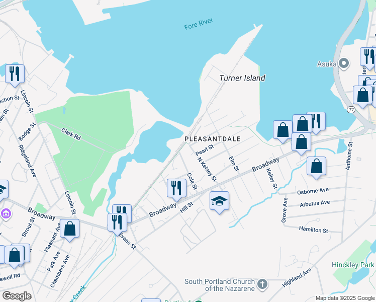 map of restaurants, bars, coffee shops, grocery stores, and more near 7 North Kelsey Street in South Portland