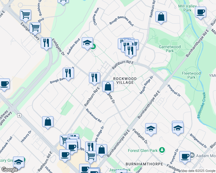 map of restaurants, bars, coffee shops, grocery stores, and more near in Mississauga