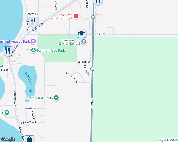 map of restaurants, bars, coffee shops, grocery stores, and more near 1511 Falcon Drive in Fairmont