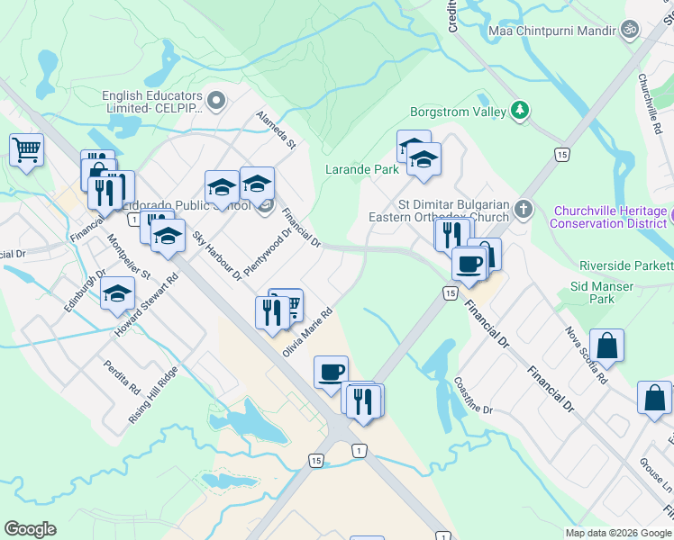 map of restaurants, bars, coffee shops, grocery stores, and more near Kawana Road in Brampton