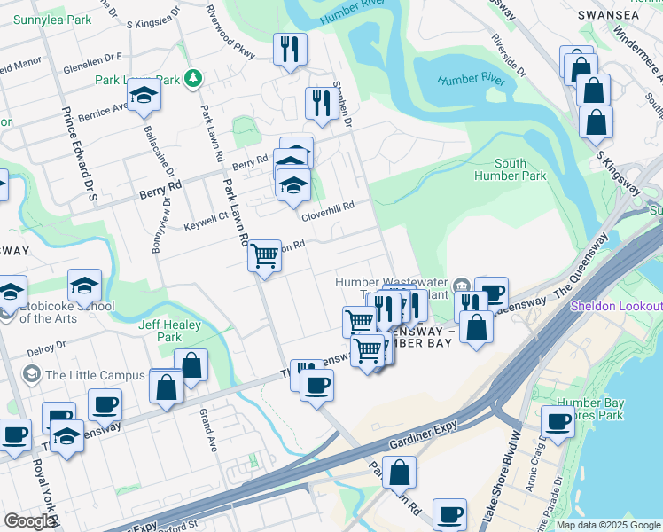 map of restaurants, bars, coffee shops, grocery stores, and more near 58 Waniska Avenue in Toronto