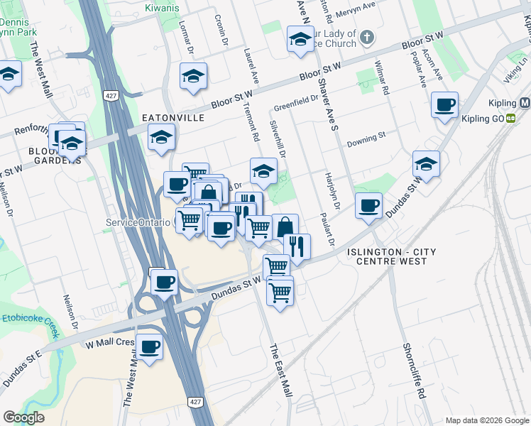 map of restaurants, bars, coffee shops, grocery stores, and more near 150 Silverhill Drive in Toronto