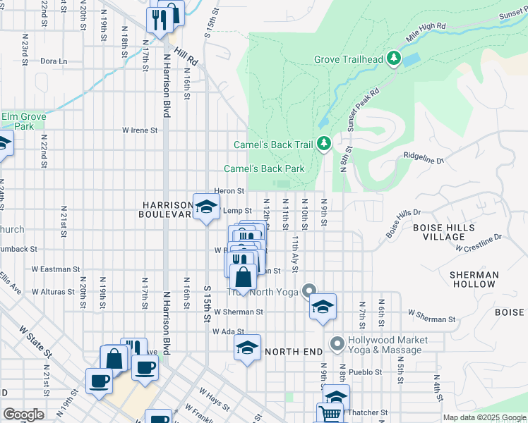 map of restaurants, bars, coffee shops, grocery stores, and more near 500 West Fort Street in Boise