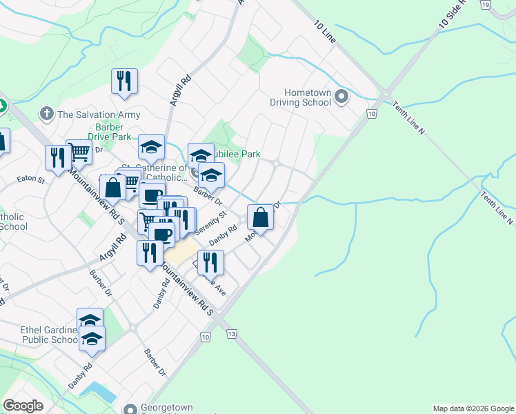 map of restaurants, bars, coffee shops, grocery stores, and more near 15148 Danby Road in Halton Hills