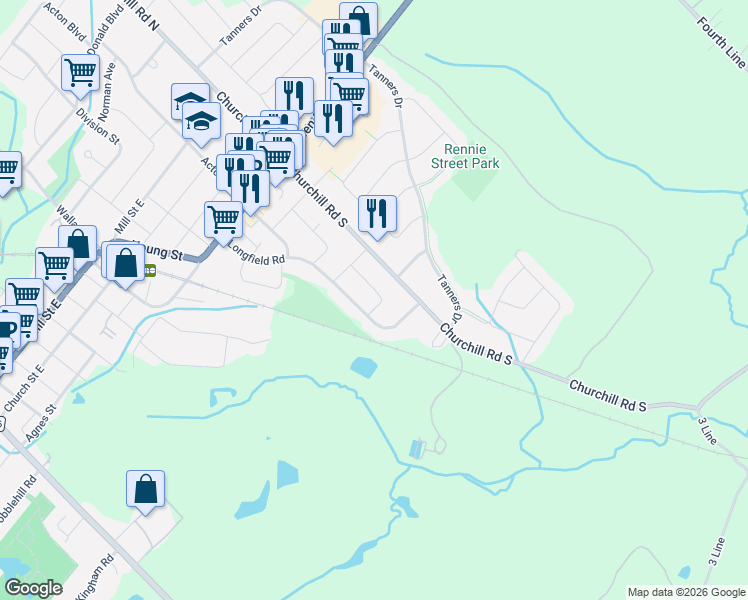 map of restaurants, bars, coffee shops, grocery stores, and more near 146 Wynford Place in Halton Hills