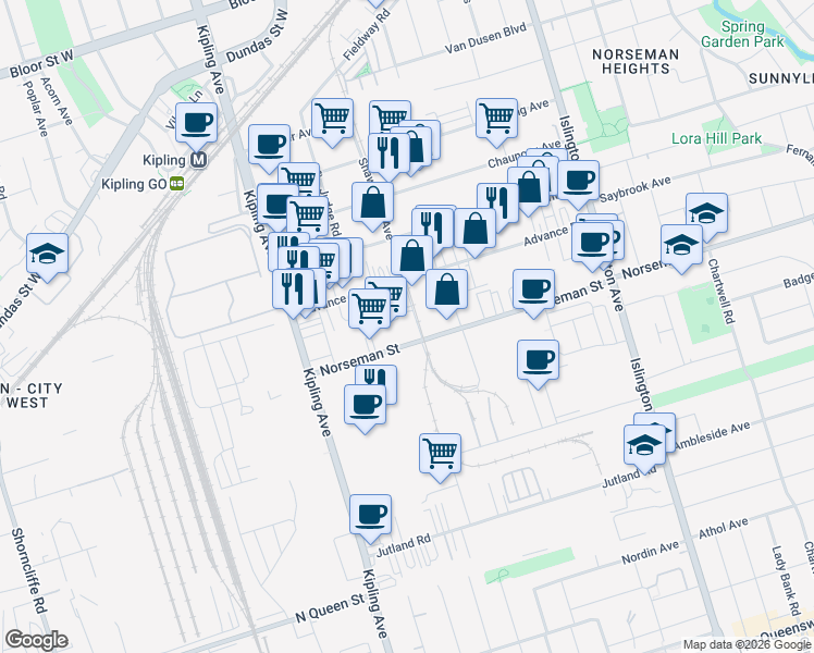 map of restaurants, bars, coffee shops, grocery stores, and more near 39 Advance Rd in Toronto