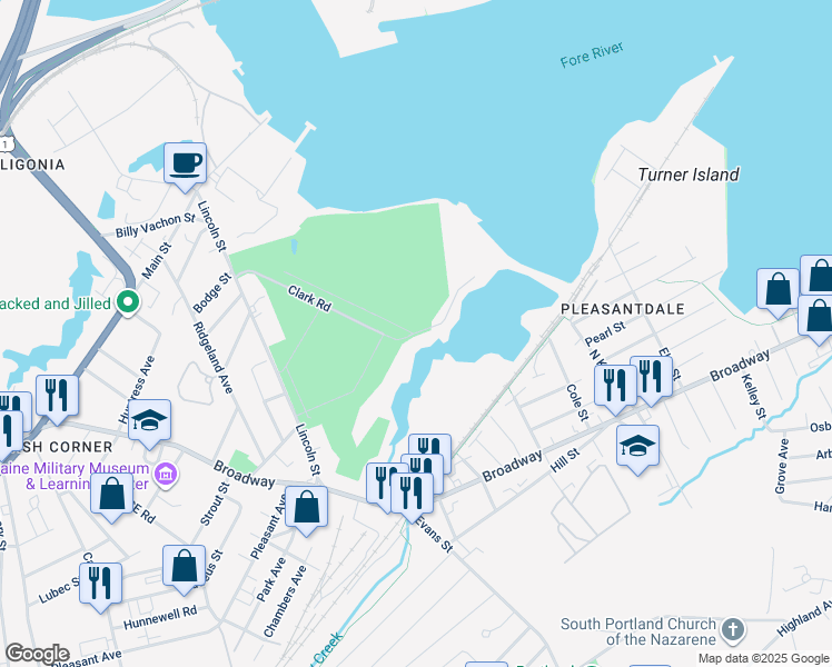map of restaurants, bars, coffee shops, grocery stores, and more near 2 Clark Road in South Portland