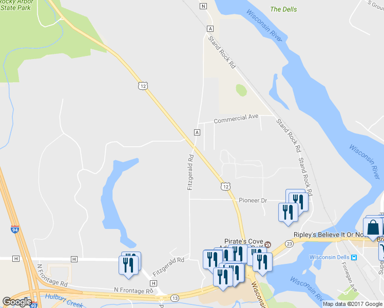 map of restaurants, bars, coffee shops, grocery stores, and more near Fitzgerald Road in Wisconsin Dells