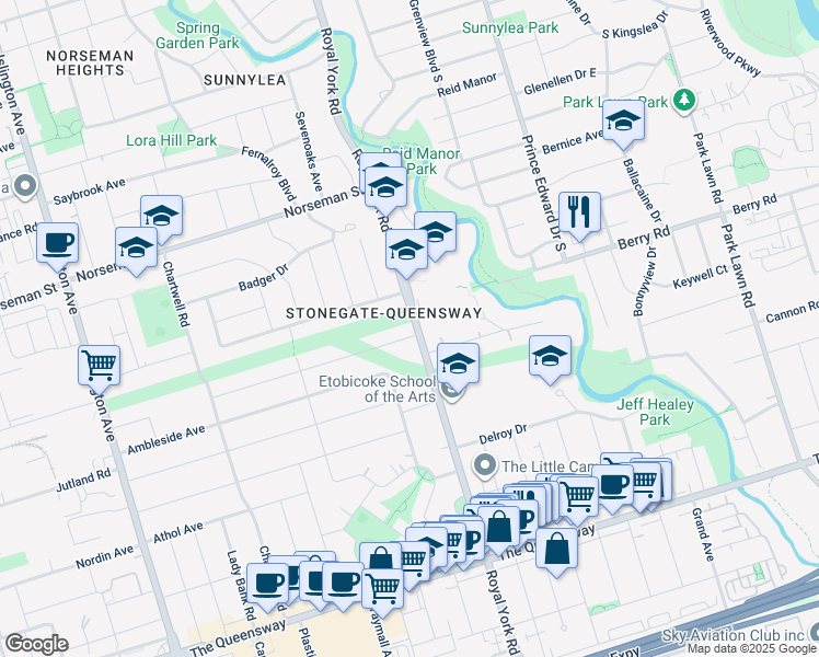 map of restaurants, bars, coffee shops, grocery stores, and more near 708 Royal York Road in Toronto