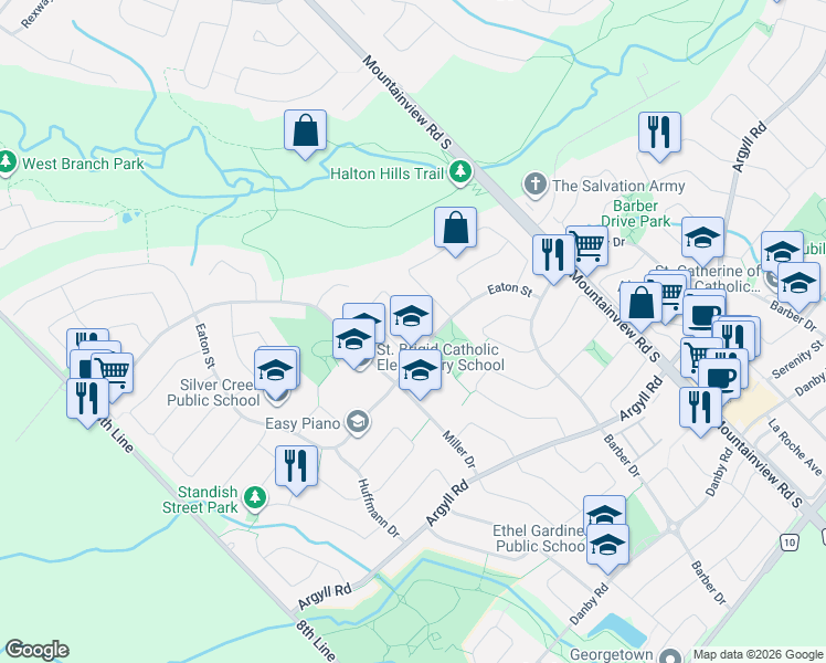 map of restaurants, bars, coffee shops, grocery stores, and more near 7 Curry Crescent in Halton Hills