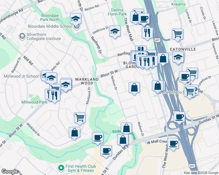 map of restaurants, bars, coffee shops, grocery stores, and more near 42 Neilor Crescent in Toronto