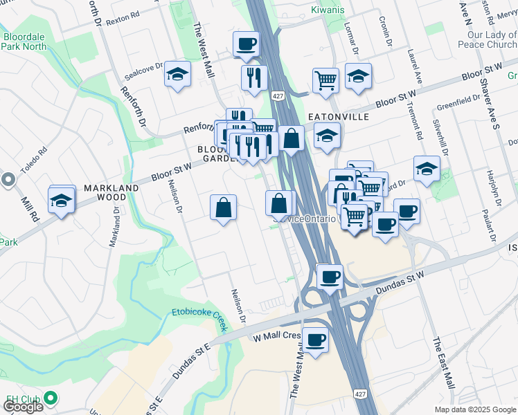 map of restaurants, bars, coffee shops, grocery stores, and more near 72 Rayside Drive in Toronto