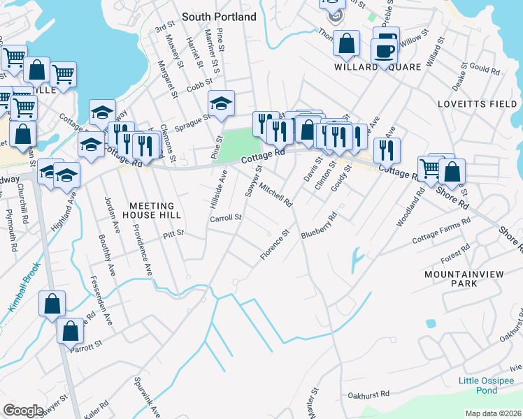 map of restaurants, bars, coffee shops, grocery stores, and more near 534 Sawyer Street in South Portland