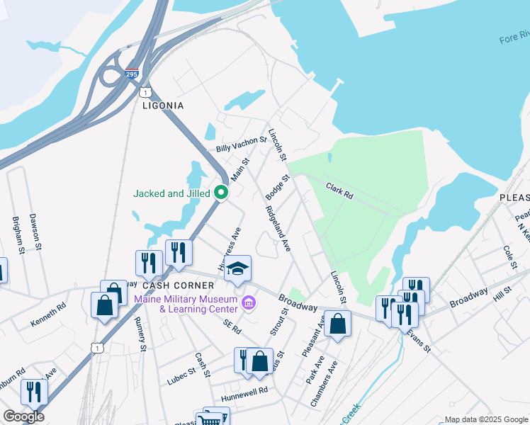 map of restaurants, bars, coffee shops, grocery stores, and more near 36 Bodge Street in South Portland