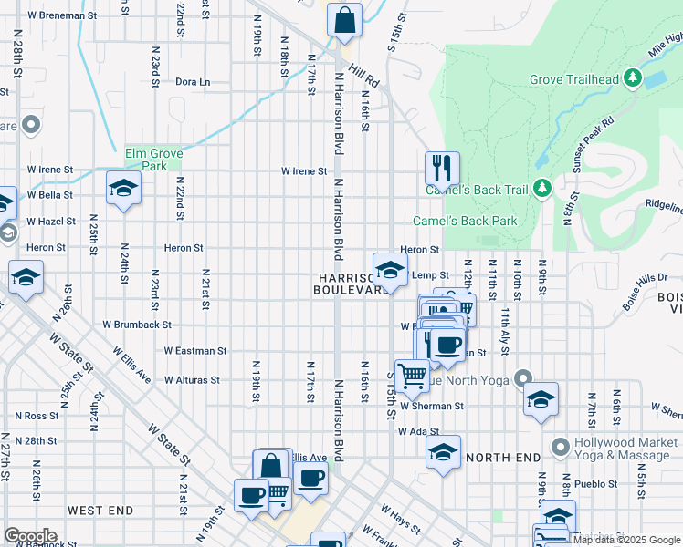 map of restaurants, bars, coffee shops, grocery stores, and more near 1610 North Harrison Boulevard in Boise
