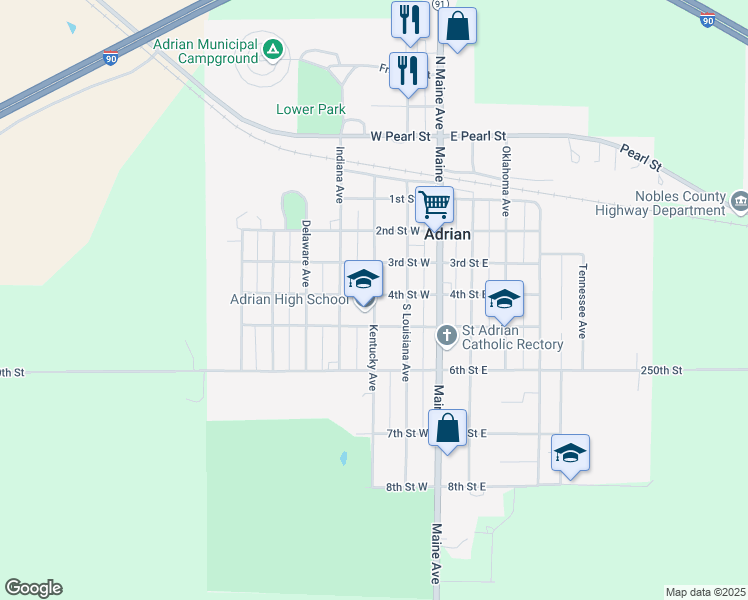 map of restaurants, bars, coffee shops, grocery stores, and more near 415 Kentucky Avenue in Adrian