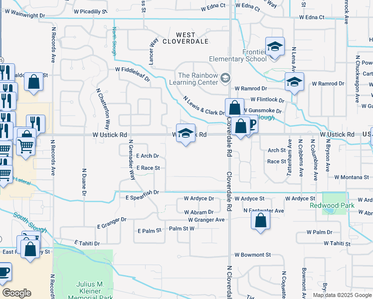 map of restaurants, bars, coffee shops, grocery stores, and more near 12435 West Ustick Road in Boise