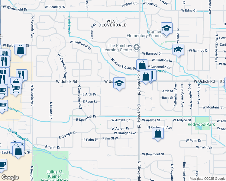 map of restaurants, bars, coffee shops, grocery stores, and more near 12435 West Ustick Road in Boise