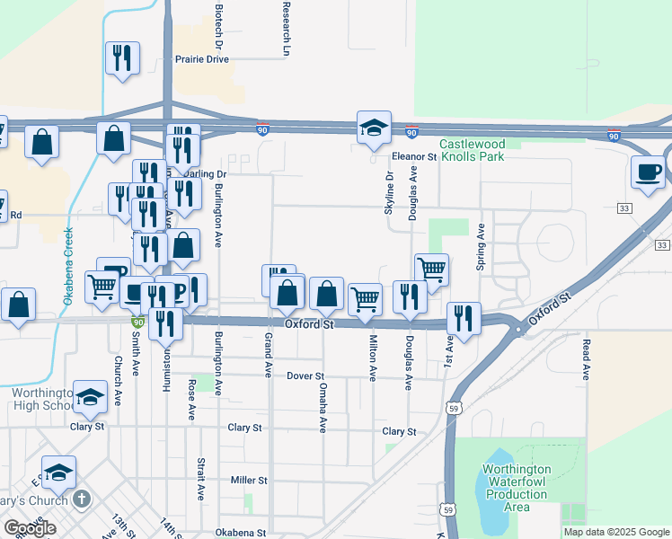 map of restaurants, bars, coffee shops, grocery stores, and more near 1635 Oxford Street in Worthington