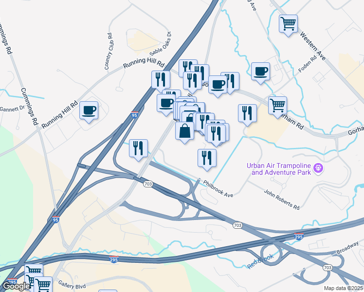 map of restaurants, bars, coffee shops, grocery stores, and more near 400 Maine Mall Road in South Portland