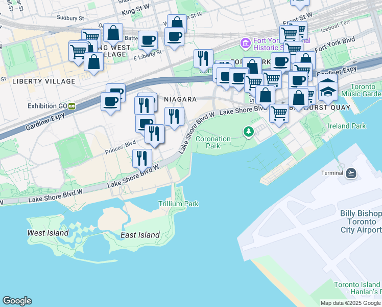 map of restaurants, bars, coffee shops, grocery stores, and more near Remembrance Drive in Toronto