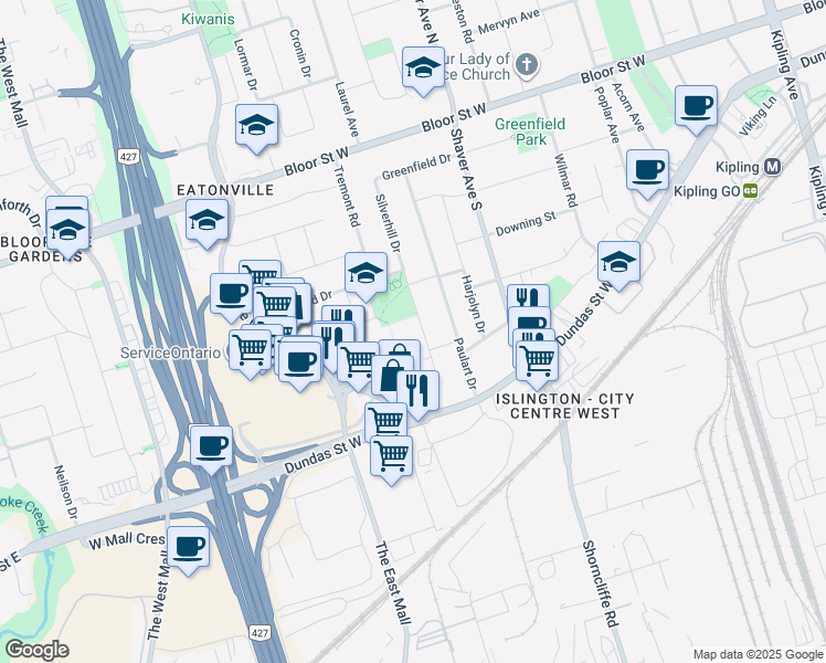 map of restaurants, bars, coffee shops, grocery stores, and more near 90 Silverhill Drive in Toronto