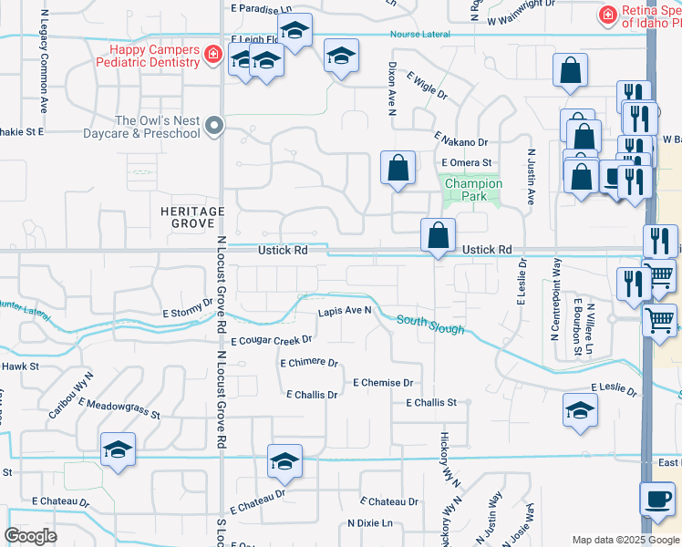 map of restaurants, bars, coffee shops, grocery stores, and more near 2090 East Ringneck Street in Meridian