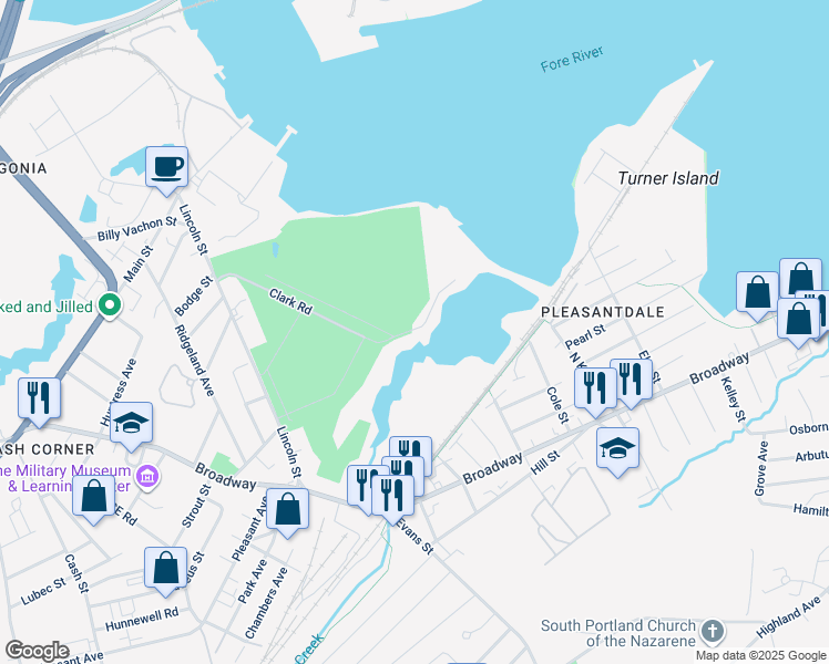 map of restaurants, bars, coffee shops, grocery stores, and more near 2 Clark Road in South Portland