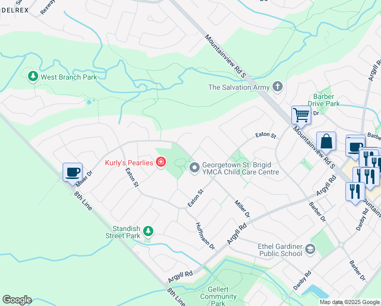 map of restaurants, bars, coffee shops, grocery stores, and more near 98 Miller Drive in Halton Hills