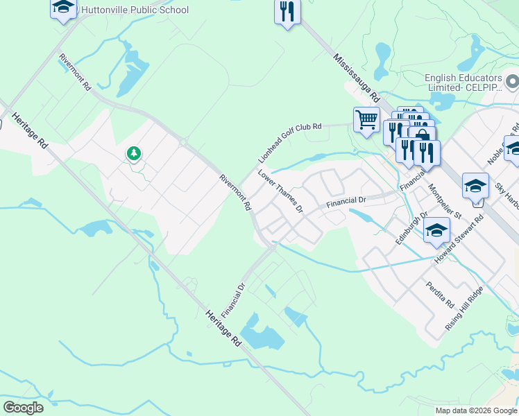 map of restaurants, bars, coffee shops, grocery stores, and more near 16 Mussle White Road in Brampton