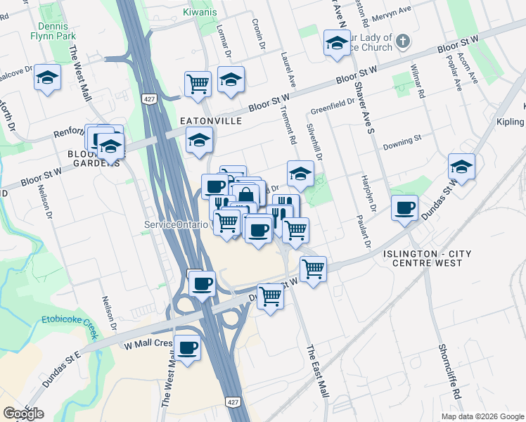 map of restaurants, bars, coffee shops, grocery stores, and more near 24 Yarn Road in Toronto
