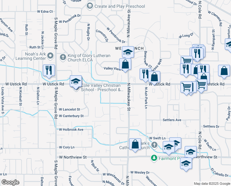 map of restaurants, bars, coffee shops, grocery stores, and more near 8347 West Ustick Road in Boise