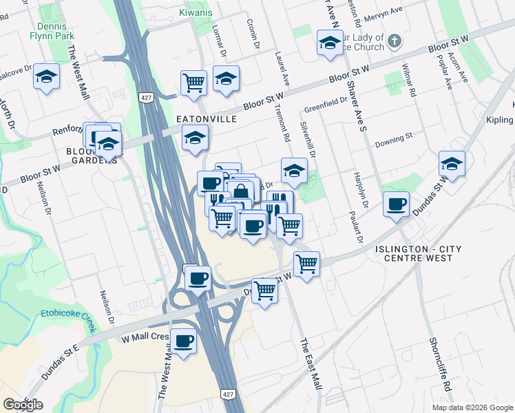 map of restaurants, bars, coffee shops, grocery stores, and more near in Toronto