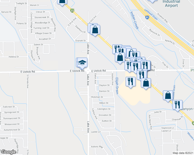 map of restaurants, bars, coffee shops, grocery stores, and more near 3801 Bennington Street in Caldwell