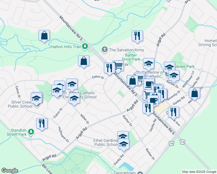 map of restaurants, bars, coffee shops, grocery stores, and more near 15 Smith Drive in Halton Hills