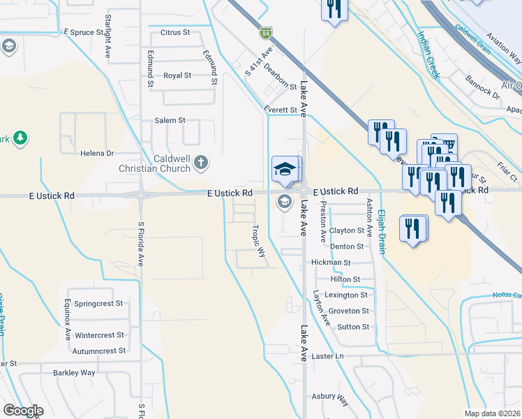 map of restaurants, bars, coffee shops, grocery stores, and more near 3521 East Ustick Road in Caldwell