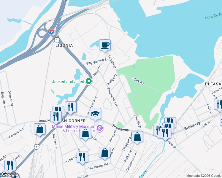map of restaurants, bars, coffee shops, grocery stores, and more near 36 Bodge Street in South Portland